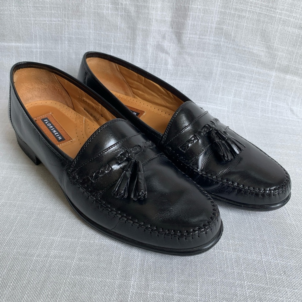 Vtg Florsheim Men’s Shoes Black LeatherDonovan Loafers 11 Tassels Made In Italy